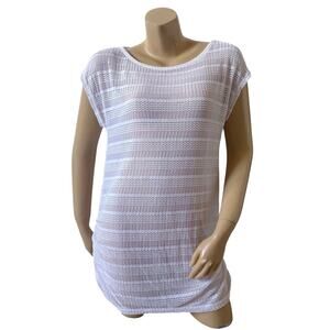 Islander White Open Knit Ruched Swim Cover Up Dress Womens Large Sheer Beach